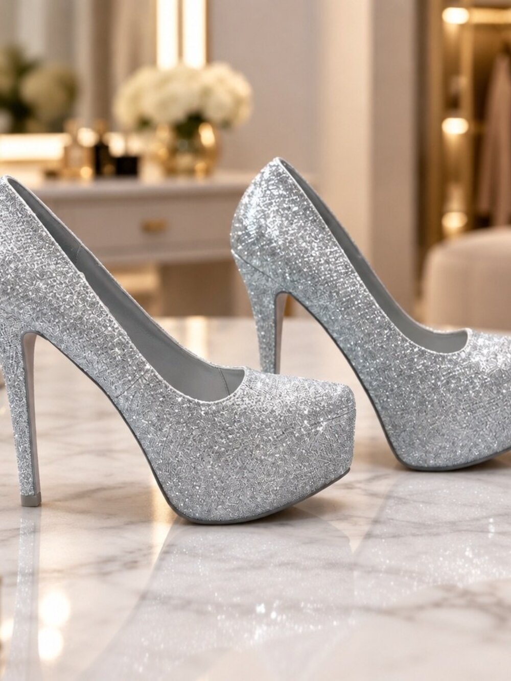 Dream Pairs Womens Glittery Silver High Heel Platform Pumps Size 8.5